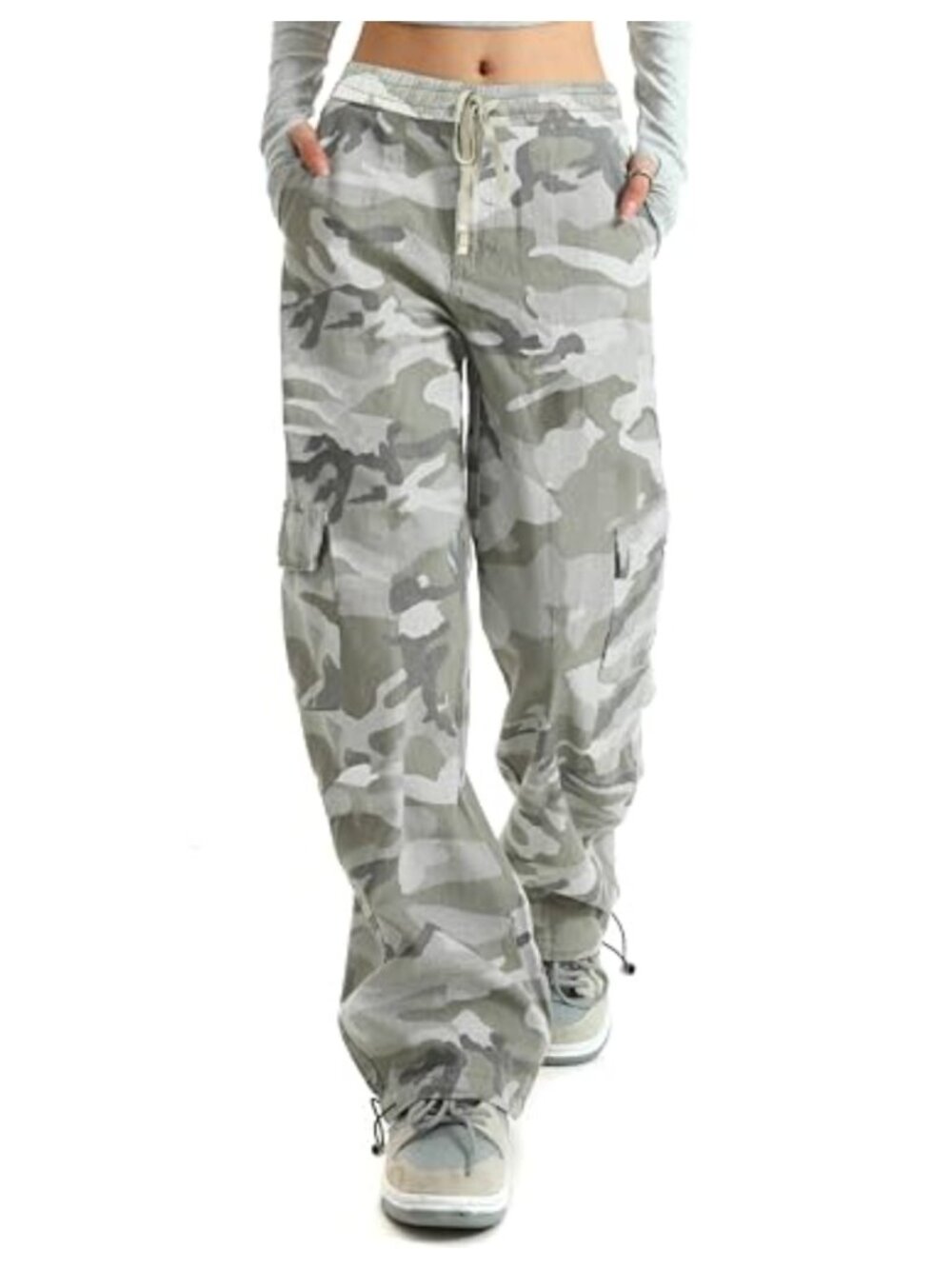 High Waisted Wide Leg Cargo Pants Women Baggy Y2K Cotton Drawstring Trousers